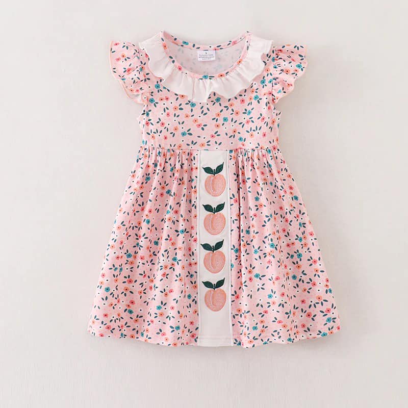 (Custom Design Preorder MOQ 5) Peach Pink Flowers Print Girls Knee Length Summer Dress