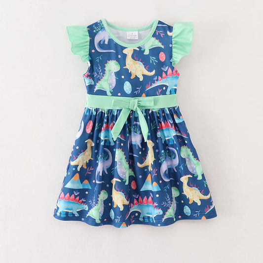 (Custom Design Preorder MOQ 5) Colorful Dino Print Girls Knee Length Summer Dress