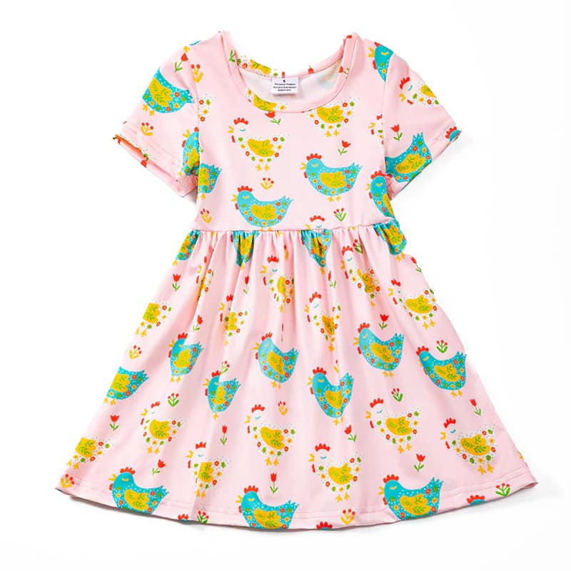 (Custom Design Preorder MOQ 5) Chicken Flowers Print Girls Knee Length Summer Dress