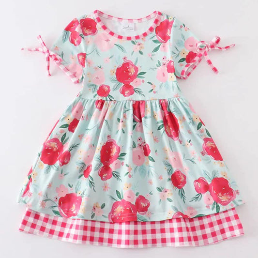 (Custom Design Preorder MOQ 5) Pink Flowers Plaid Print Girls Knee Length Summer Dress