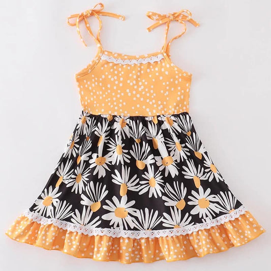 (Custom Design Preorder MOQ 5) Flowers Orange Dots Print Girls Knee Length Summer Strap Dress