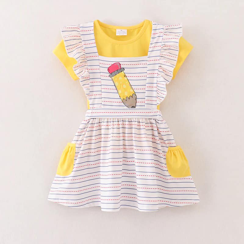 (Custom Design Preorder MOQ 5) Yellow Top Pen Print Pockets Dress Girls Back to School Clothes Set