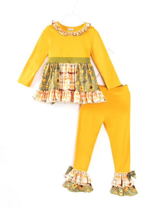 (Custom Design Preorder MOQ 5) Pumpkin Tunic Top Ruffle Pants Girls Fall Clothes Set