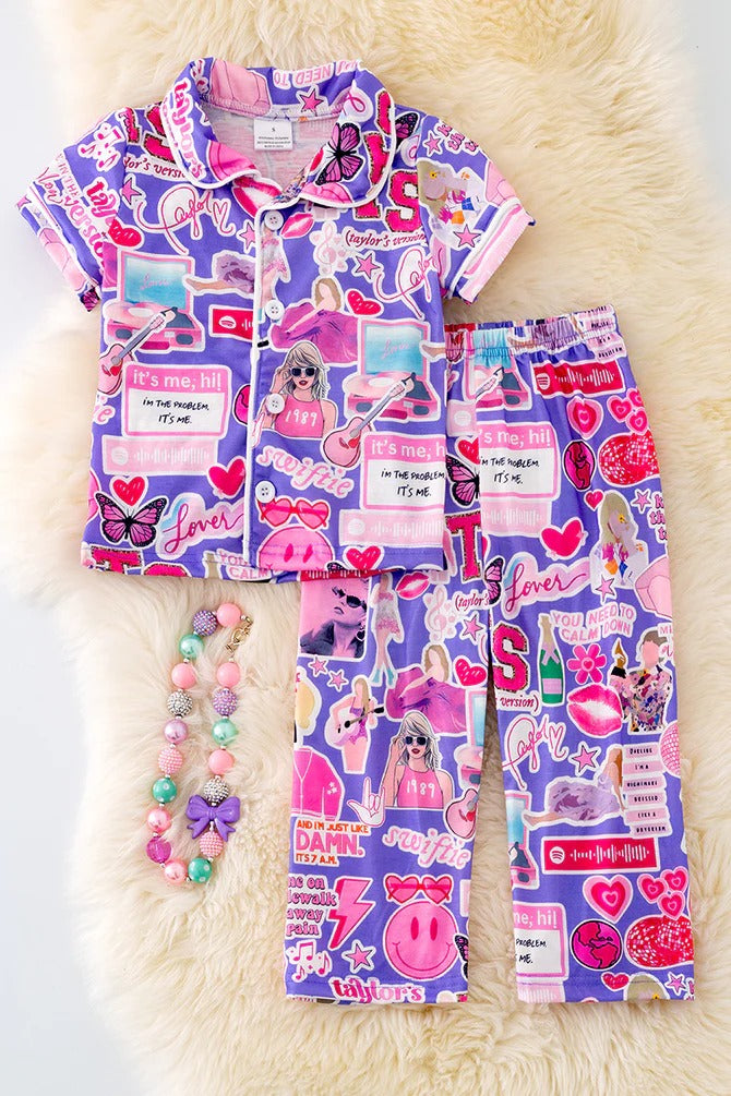 (Custom Design Preorder MOQ 5) Singer Swiftie Pink Print Girls Pajamas Clothes Set