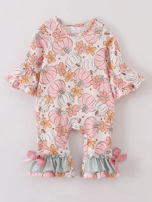 (Custom Design Preorder MOQ 5) Pumpkin Flowers Print Baby Girls Fall Romper