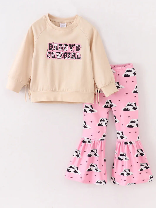 (Custom Design Preorder MOQ 5) Daddy's Cowgirl Tassels Top Pink Bell Pants Girls Fall Clothes Set