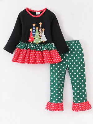 (Custom Design Preorder MOQ 5)  Christmas Tree Top Dots Pants Girls Christmas Clothes Set