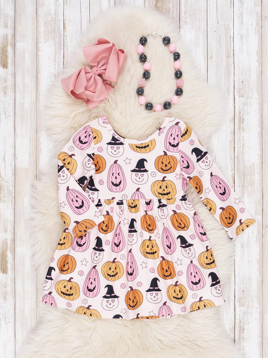 (Custom Design Preorder MOQ 5) Pumpkin Print Girls Knee Length Halloween Dress