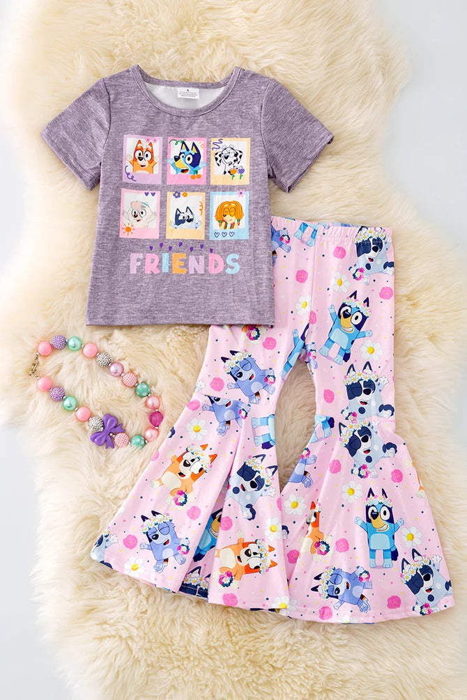 (Custom Design Preorder MOQ 5) Cartoon Dog Friends Bell Pants Girls Clothes Set