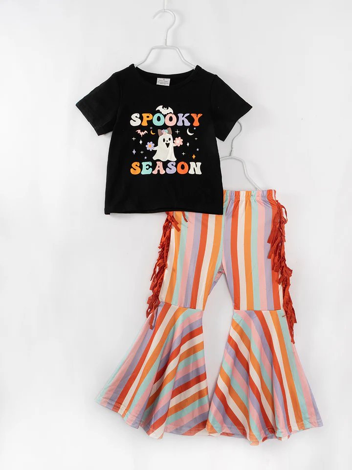 (Custom Design Preorder MOQ 5) Spooky Season Top Stripes Tassels Bell Pants Girls Halloween Clothes Set