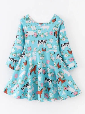 (Custom Design Preorder MOQ 5) Farm Animals Flowers Print Girls Knee Length Dress