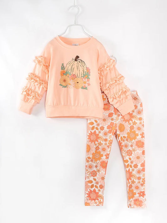 (Custom Design Preorder MOQ 5) Pumpkin Flowers Print Girls Fall Clothes Set