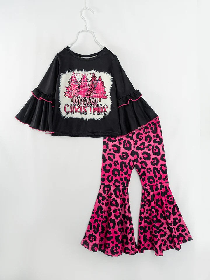 (Custom Design Preorder MOQ 5) Pink Christmas Tree Top Leopard Bell Pants Girls Christmas Clothes Set