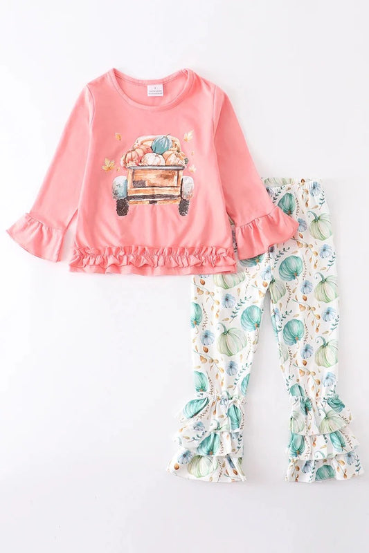 (Custom Design Preorder MOQ 5) Pumpkin Pink Top Ruffles Pants Girls Fall Clothes Set