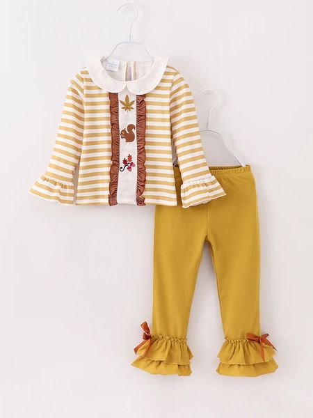 (Custom Design Preorder MOQ 5) Squirrel Leaf Stripes Top Ruffle Pants Girls Fall Clothes Set