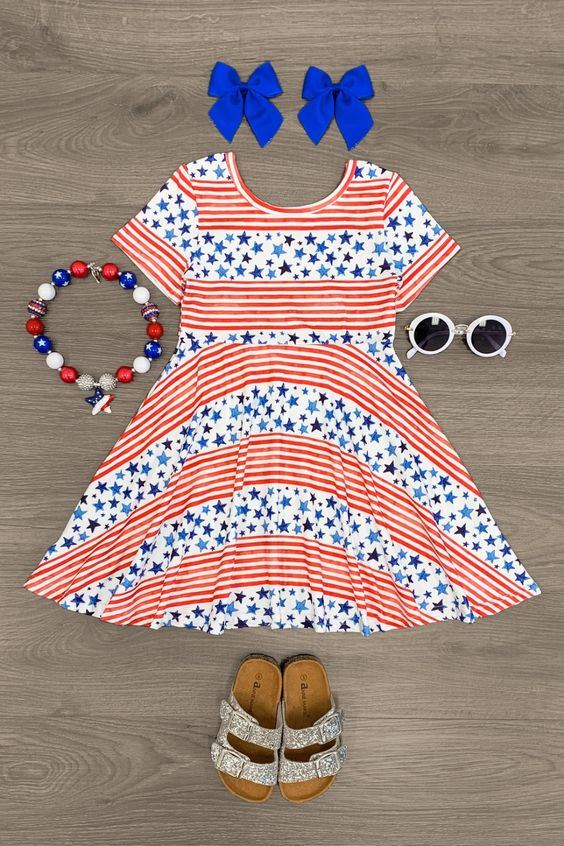 (Custom Design Preorder MOQ 5) Stars Stripes Print Girls Knee Length 4th of July Dress