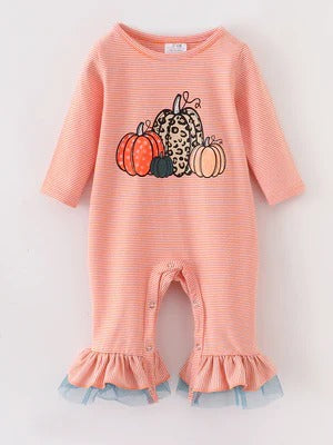 (Custom Design Preorder MOQ 5) Pumpkin Print Baby Girls Fall Romper