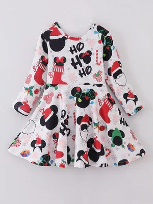 (Custom Design Preorder MOQ 5) Cartoon Mouose HOHOHO~ Print Girls Knee Length Christmas Dress