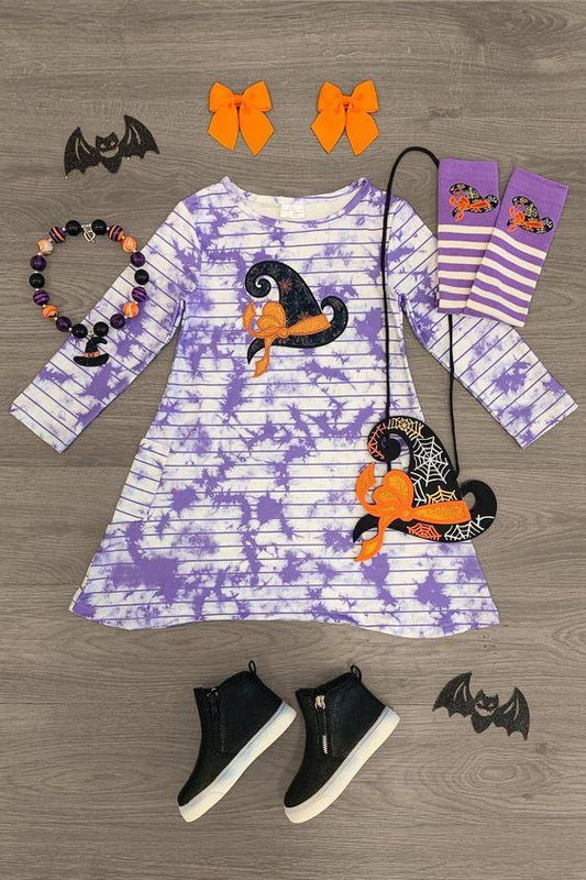 (Custom Design Preorder MOQ 5) Witch Hat Tie-dye Print Girls Knee Length Halloween Dress