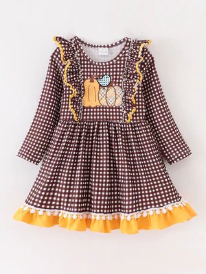 (Custom Design Preorder MOQ 5) Pumpkin Brown Plaid Print Girls Knee Length Fall Dress