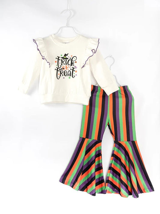 (Custom Design Preorder MOQ 5) Trick or Treat Top Stripes Bell Pants Girls Halloween Clothes Set