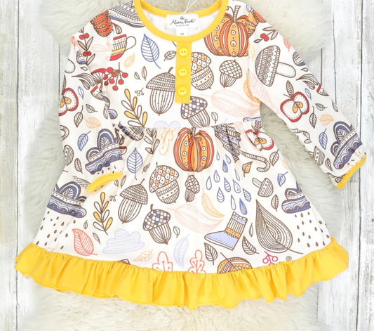 (Custom Design Preorder MOQ 5) Mushroom Pumpkin Print Girls Knee Length Fall Dress