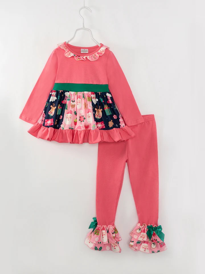 (Custom Design Preorder MOQ 5) Pink Santa Tunic Top Ruffle Pants Girls Christmas Clothes Set