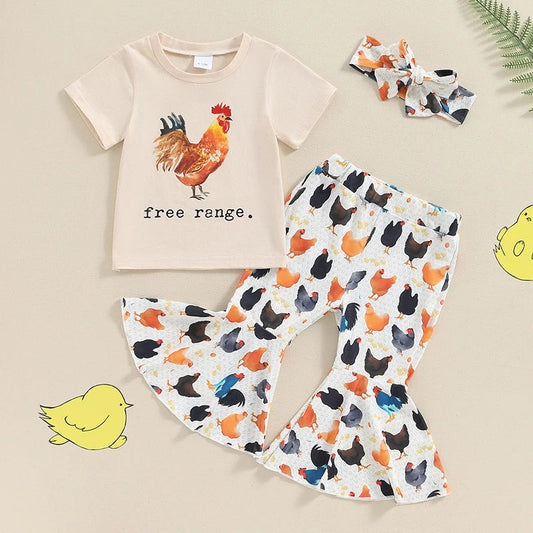 (Custom Design Preorder MOQ 5) Free Range Chicken Bell Pants Girls Fall Clothes Set