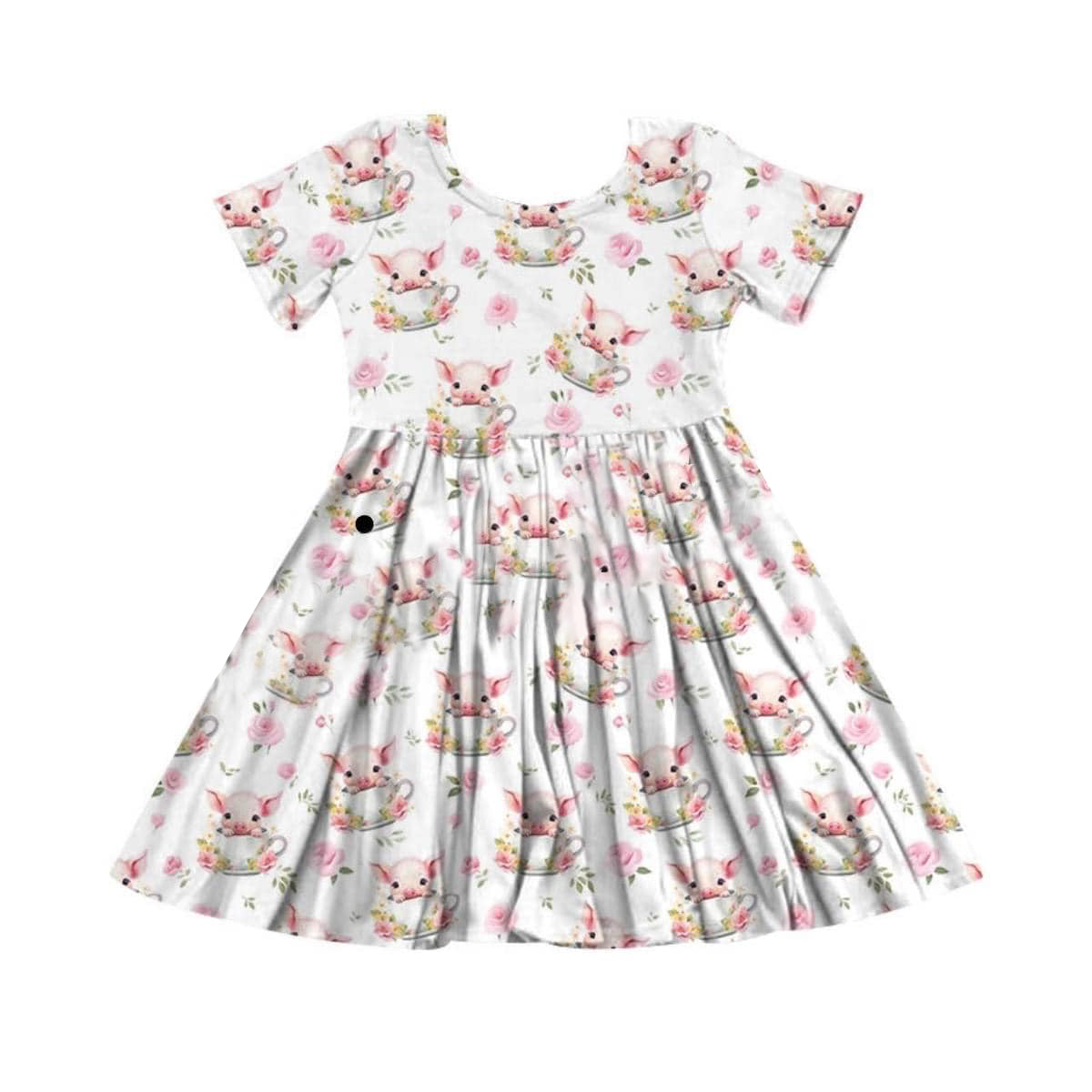 (Custom Design Preorder MOQ 5) Pig Flowers Print Girls Knee Length Dress