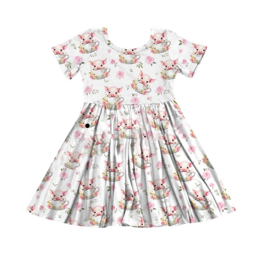 (Custom Design Preorder MOQ 5) Pig Flowers Print Girls Knee Length Dress