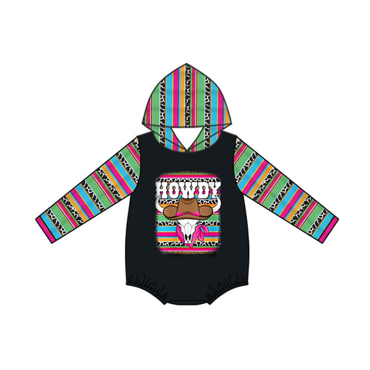 (Custom Design Preorder MOQ 5) Howdy Skull Cowboy Stripes Print Baby Fall Hoodie Western Romper