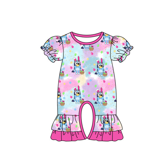 (Custom Design MOQ 5) Tie-dye Cartoon Dog Print Baby Girls Easter Romper