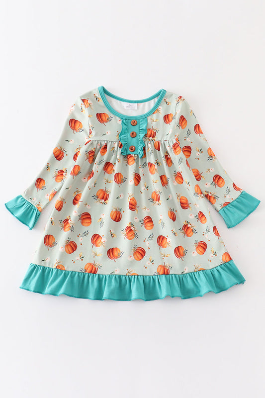 (Custom Design Preorder MOQ 5) Pumpkin Flowers Print Girls Knee Length Fall Dress