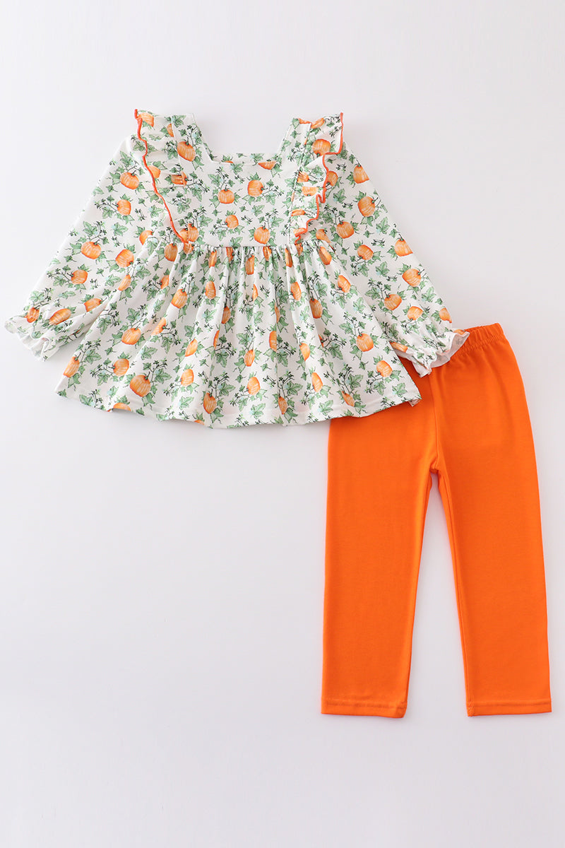 (Custom Design Preorder MOQ 5)  Pumpkin Tunic Top Orange Pants Girls Fall Clothes Set