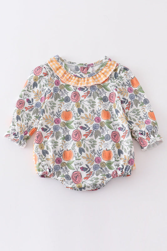 (Custom Design Preorder MOQ 5) Flowers Pumpkin Print Baby Girls Fall Romper