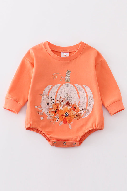 (Custom Design Preorder MOQ 5) Pumpkin Flowers Orange Print Baby Girls Fall Romper