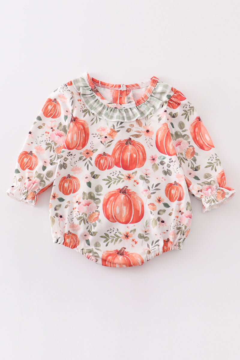 (Custom Design Preorder MOQ 5) Pumpkin Flowers Print Baby Girls Fall Romper