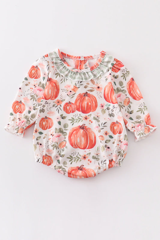 (Custom Design Preorder MOQ 5) Pumpkin Flowers Print Baby Girls Fall Romper