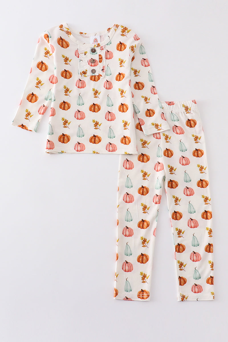 (Custom Design Preorder MOQ 5)  Pumpkin Print Girls Fall Pajamas Clothes Set