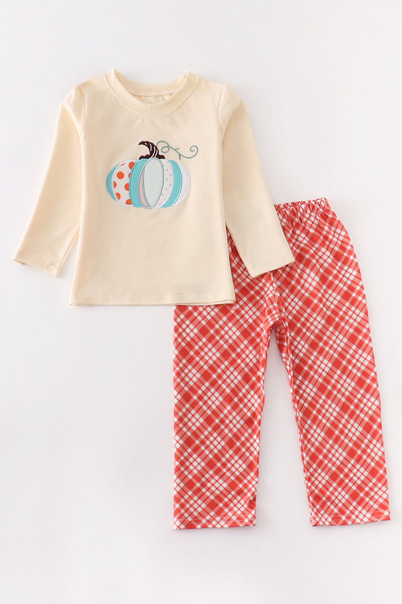 (Custom Design Preorder MOQ 5)  Pumpkin Top Red Plaid Pants Boys Fall Clothes Set