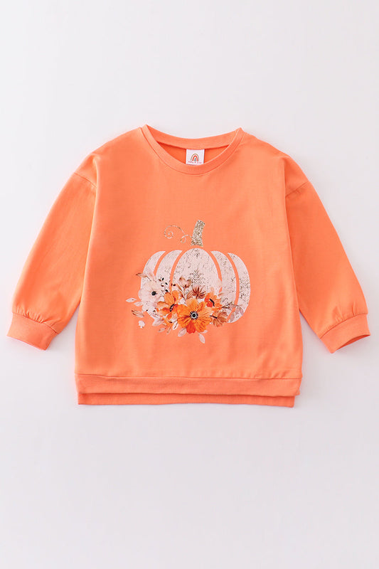 (Custom Design Preorder MOQ 5) Pumpkin Flowers Orange Print Girls Fall Tee Shirts Top