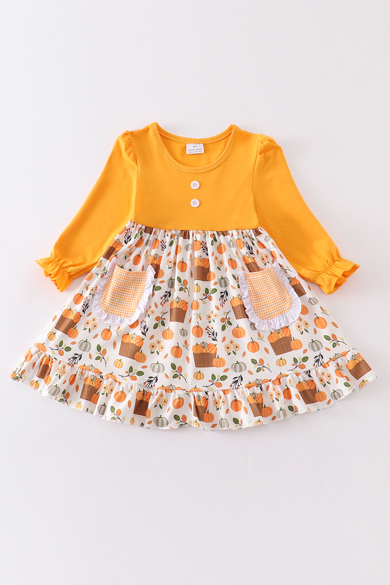 (Custom Design Preorder MOQ 5) Pumpkin Print Pockets Girls Knee Length Fall Dress