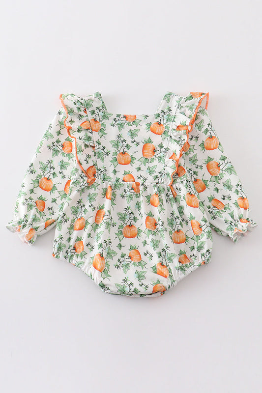 (Custom Design Preorder MOQ 5) Pumpkin Print Baby Girls Fall Romper