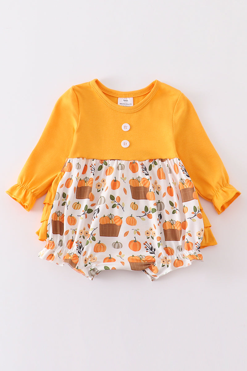 (Custom Design Preorder MOQ 5) Pumpkin Print Baby Girls Fall Bubble Romper