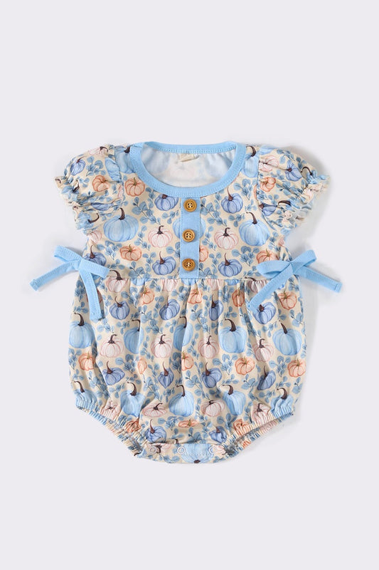 (Custom Design Preorder MOQ 5) Blue Pumpkin Print Baby Girls Fall Romper