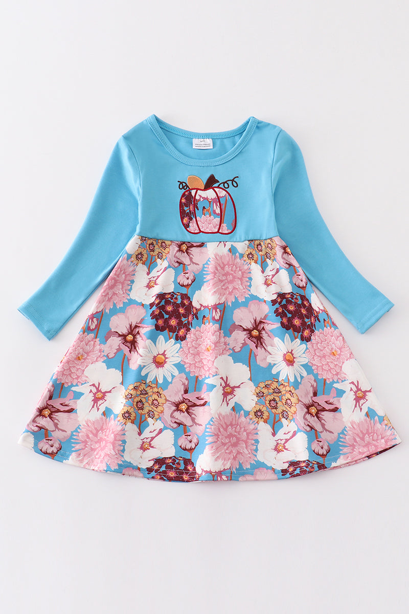 (Custom Design Preorder MOQ 5) Pumpkin Flowers Print Girls Knee Length Fall Dress