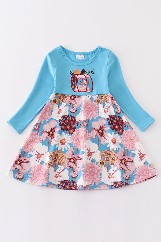 (Custom Design Preorder MOQ 5) Pumpkin Flowers Print Girls Knee Length Fall Dress