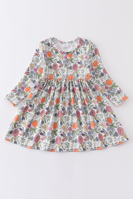 (Custom Design Preorder MOQ 5) Flowers Pumpkin Print Girls Knee Length Fall Dress