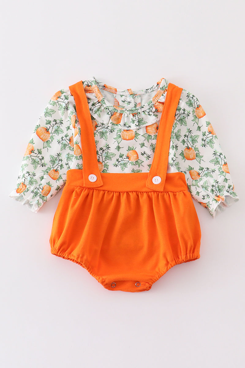 (Custom Design Preorder MOQ 5) Pumpkin Print Baby Boys Fall Overalls Romper