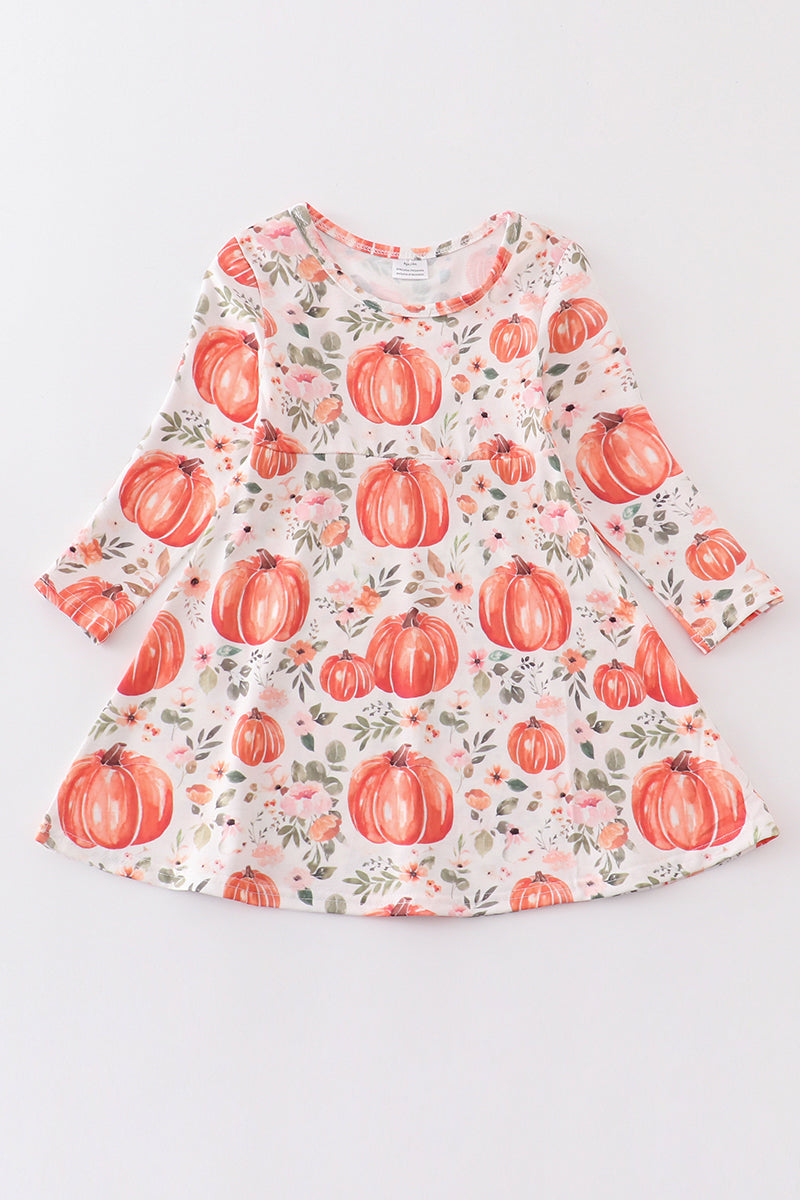 (Custom Design Preorder MOQ 5) Pumpkin Flowers Print Girls Knee Length Fall Dress